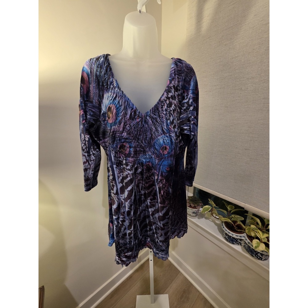 Boston Proper Tunic Top Women Size L Purple Peacock Animal Print Burnout Velvet